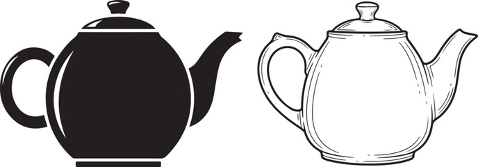 Black silhouette and detailed line art drawing of a classic ceramic teapot design. Teapot Illustration in Black and White Vintage Woodcut Style Vector Drawing