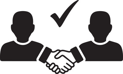 Successful business deal icon with handshake between two individuals and checkmark confirmation. 