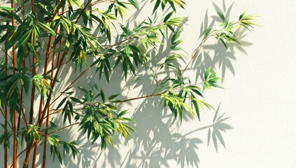 Bamboo plant with green leaves and brown stems against a white wall.