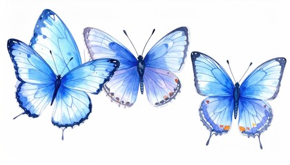 Obraz premium Beautiful watercolor illustration of vibrant blue butterflies in flight on a white background.