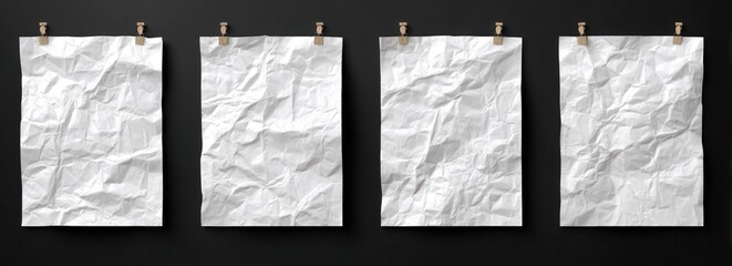 Four crumpled paper sheets hanging on a line.