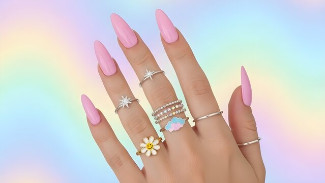 Woman's Hand with Long Pink Stiletto Nails Adorned with Multiple Fashion Rings on Pastel Gradient Background