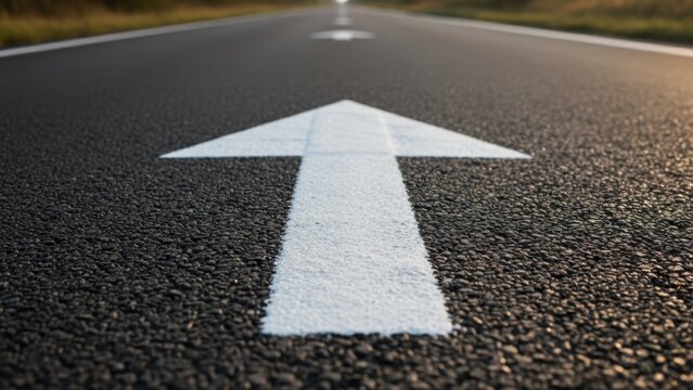A bold white arrow painted on the asphalt road pointing forward to indicate the direction ahead.