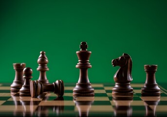 Strategic Game of Chess Featuring Dark Wooden Pieces on a Reflective Board Against a Vibrant Green Backdrop with Dramatic Lighting