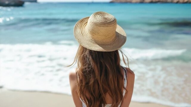 Video A woman wearing a hat stands on a beach, likely enjoying the sunshine and sea views