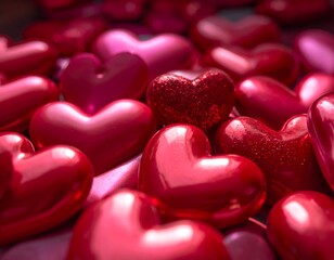 Obraz premium Close-up of glossy and glittery heart-shaped objects arranged in varying sizes
