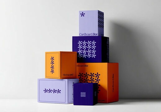 Stacked Cardboard Box Mockup in Colorful Composition