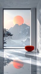 Minimalist Interior with Mountain View and Red Accent.