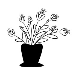 Whimsical hand-drawn floral bouquet in vase simple black and white line art illustration