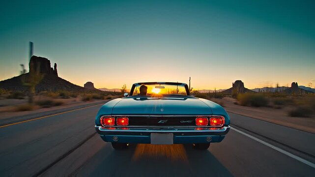 Vintage convertible car cruising down a desert highway at sunset showcasing freedom