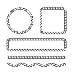 Set of nautical rope frames and borders in various shapes. Black vector line illustration of round, square, and rectangular cord dividers, perfect for marine themes and rustic designs. © Tuesday04