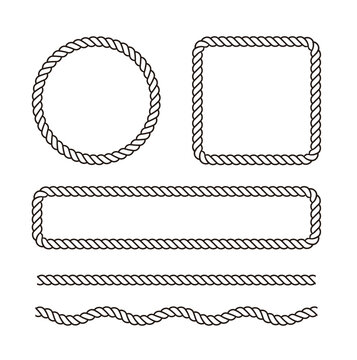 Set of nautical rope frames and borders in various shapes. Black vector line illustration of round, square, and rectangular cord dividers, perfect for marine themes and rustic designs.