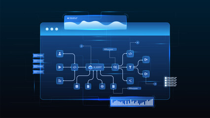 AI workflow automation artificial intelligence. ai agent network diagram dashboard machine learning processing flow, data analytics and automation system.