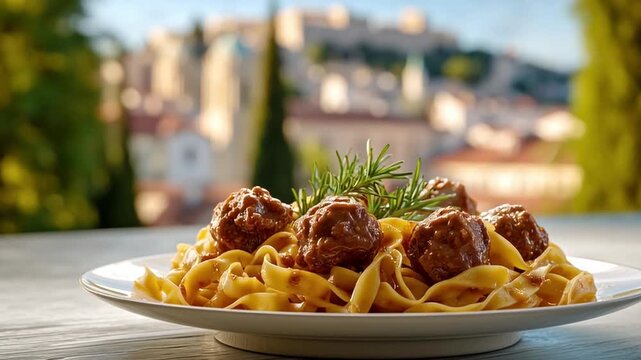 A plate of pasta topped with meatballs sits on a table. The background shows a lively city under a clear sky. Sunlight highlights the dish, creating a vibrant atmosphere during the day.