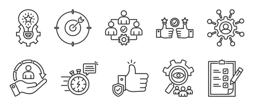  Core Values icon set collection in outline style. Icon pack contain Innovation, goals, teamwork, commitment, integrity, customers, responsibility, trust, transparency, accountability