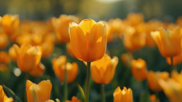 Video A vibrant field of orange tulips with one central flower, ideal for gardening or nature-inspired designs