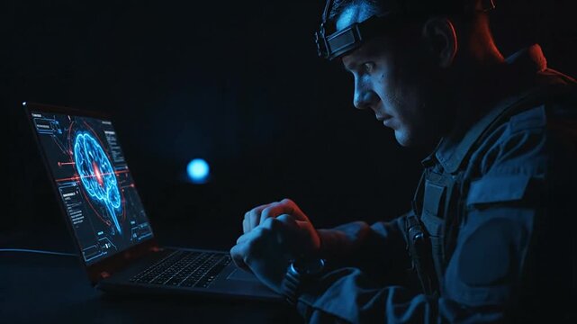 Man analyzes brain activity on computer screen in dark room
