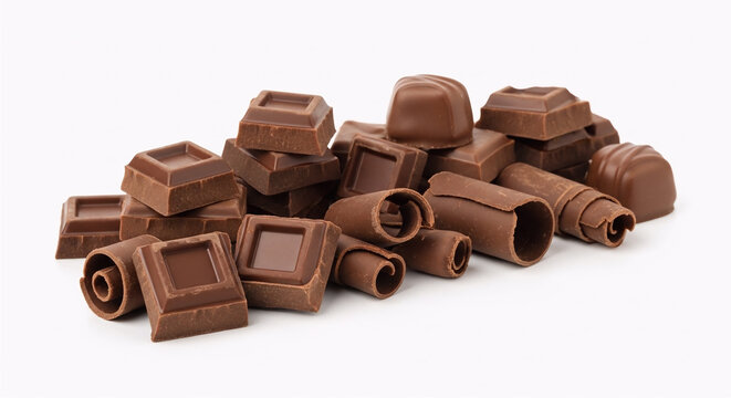 Assorted chocolate chunks and rolled chocolate pieces arranged on a white background. Concept of baking ingredients and dessert variety