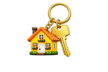 House keychain with golden key representing new home ownership, real estate investment, and property security