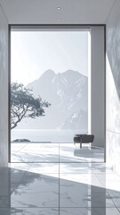Minimalist Interior with Mountain View - Serene and Modern Design.