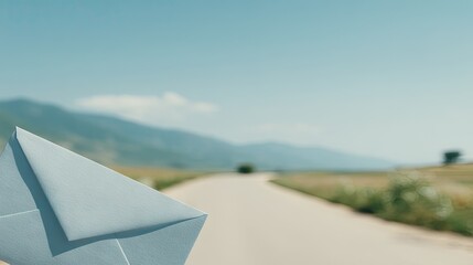 Origami paper airplane on a road with mountains and clear sky