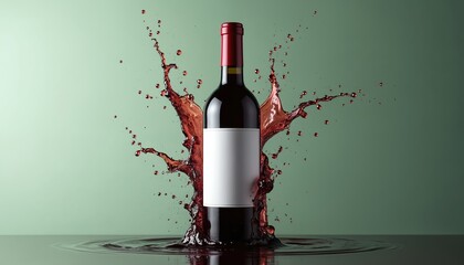 Obraz premium Red wine bottle with blank label stands in splashing red liquid. Dynamic fluid splash erupts around the glass container. Fresh beverage is poured into dark water surface.