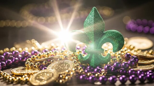 A vibrant display of Mardi Gras-themed decorations featuring a glittering green fleur-de-lis atop a colorful assortment of gold and purple beads, symbolizing celebration.