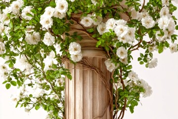 A beautiful pillar adorned with lush white flowers and green leaves. This image captures elegance and freshness in a natural setting. Perfect for floral or classical themes. AI