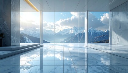 Minimalist Interior with Mountain View - Serene and Modern Design.