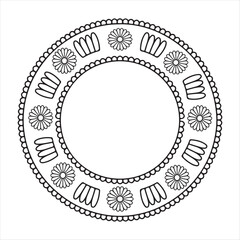 Mandala Border Design with Flowers and Abstract Shapes, Black and White Vector