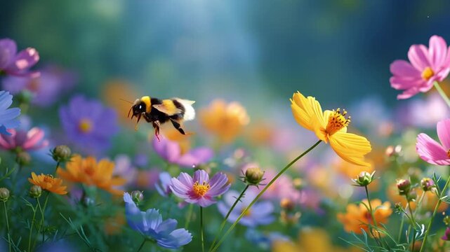 Bumblebee hovering over vibrant flowers in a colorful garden, showcasing the beauty of nature and pollination in a serene environment