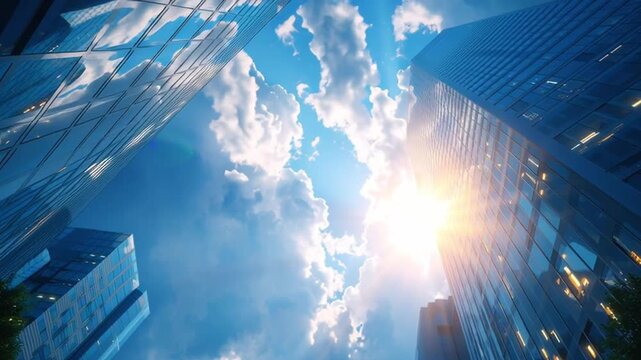 Urban skyline view with sunlight breaking through clouds, showcasing modern glass buildings and vibrant blue sky in a city setting