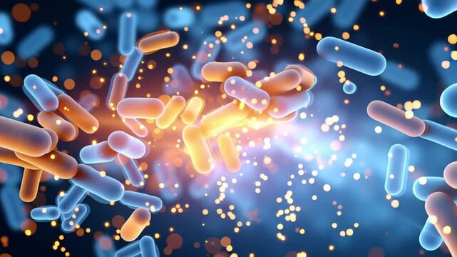 Colorful microscopic view of bacteria in motion, showcasing dynamic interactions and vibrant light effects in a dark background environment