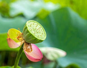 Lotus Seed Head and Fading Petals in Natural Setting.