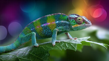 Obraz premium Chameleon showing vibrant patterns, blending with colorful bokeh lights creating a surreal fantasy scene. Charming surrealism