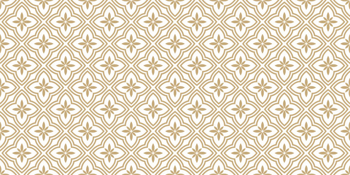 Luxury golden floral ornament in oriental style. Vector seamless pattern with flowers, tiles. Simple abstract minimal ornate background. Gold and white texture. Repeated design for decor, wallpapers