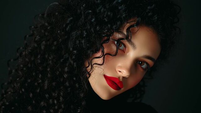 Young woman with curly hair and red lipstick poses against a dark background, showcasing her facial features and expression in three sequential frames