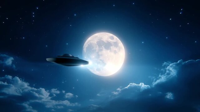UFO glides smoothly across a bright full moon, illuminating the night sky filled with stars and wispy clouds in a serene atmosphere