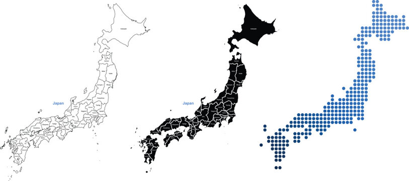 Japan map vector set with prefectures outline, solid black fill, and blue pixel grid, isolated on white