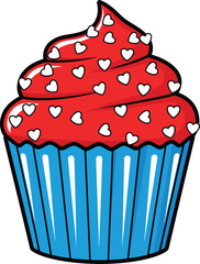 Cartoon cupcake with red frosting and white heart sprinkles on white background dessert sweet