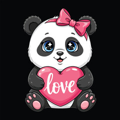 Cute cartoon panda with pink bow holding a heart with the word love bear animal