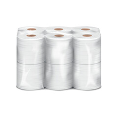 Toilet paper 12 roll pack. Bathroom tissue blank white multipack clear plastic packaging. Realistic vector mockup. Toilet rolls multi-pack transparent shrink film wrap. Template for design
