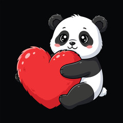 Cute cartoon panda hugging a large red heart on black background bear animal