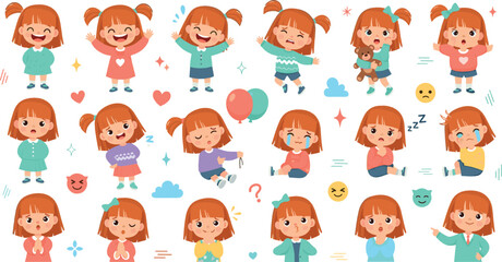 Cute little girl character set with multiple emotions, facial expressions, poses, gestures, and colorful cartoon kids illustration pack