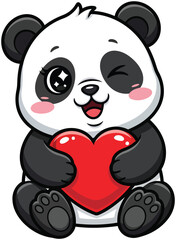 Cute panda hugging a red heart with a wink and smile bear animal