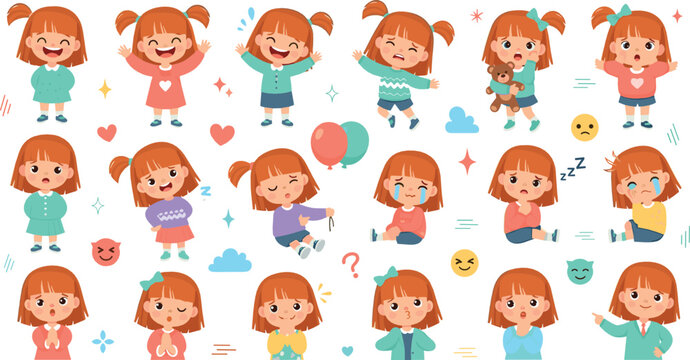 Cute little girl character set with multiple emotions, facial expressions, poses, gestures, and colorful cartoon kids illustration pack
