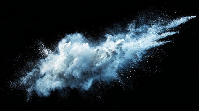 Abstract white powder splash cloud on black background with floating dust particles, dynamic motion texture, high contrast minimal design concept for creative energy and impact themes