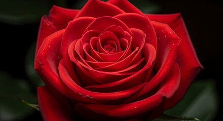 CloseUp Vibrant DeepRed Rose Bloom With DewDrops Against DarkGreen Background