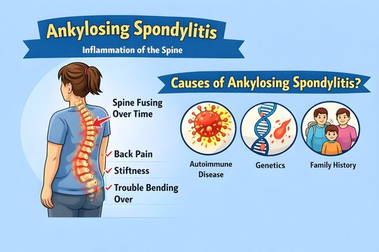Medical infographic illustrating ankylosing spondylitis, spinal inflammation, autoimmune disease causes, symptoms, genetics, and progressive spine stiffness.
