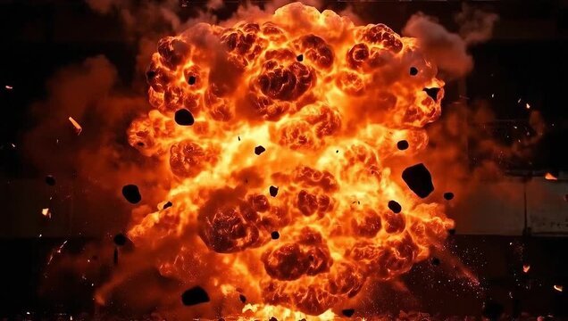 Massive Fiery Explosion with Debris Flying in All Directions Against a Dark Background.